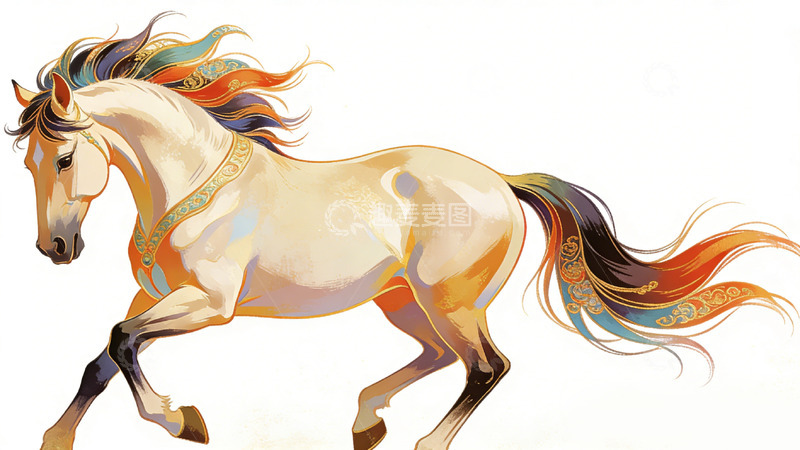 高清大图下载【趣麦麦图】彩绘骏马奔腾艺术插画
