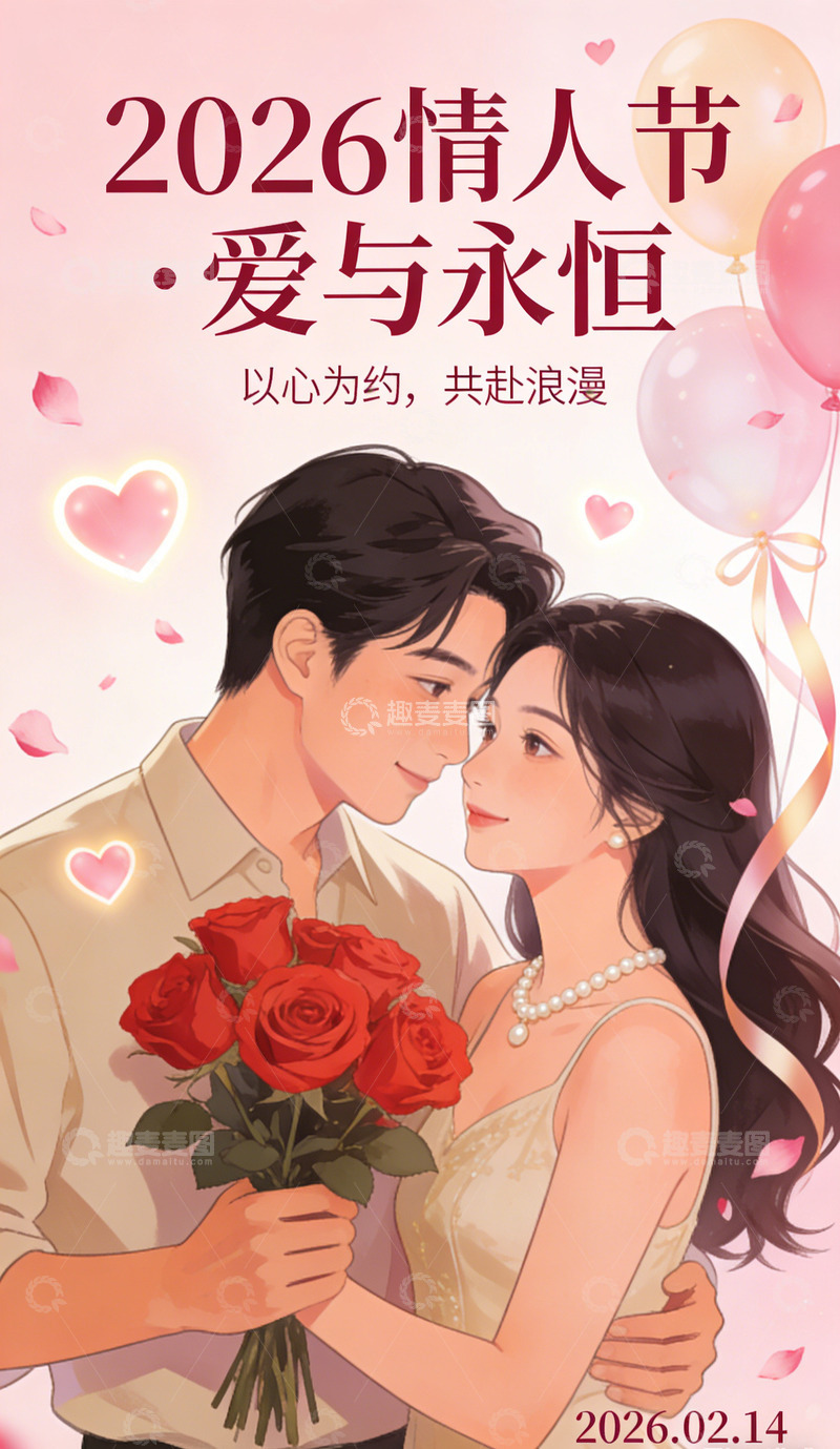 高清大图下载【趣麦麦图】2026情人节浪漫插画设计素材