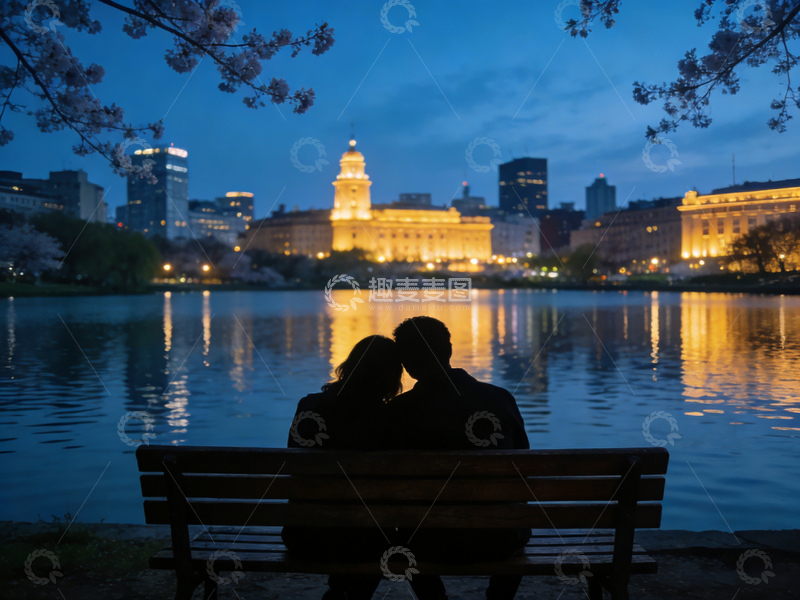高清大图下载【趣麦麦图】黄昏湖畔情侣剪影