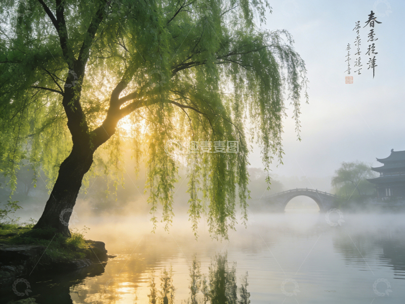 高清大图下载【趣麦麦图】晨曦柳岸古桥景