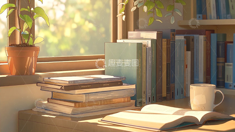 高清大图下载【趣麦麦图】书籍阳光下的静谧角落