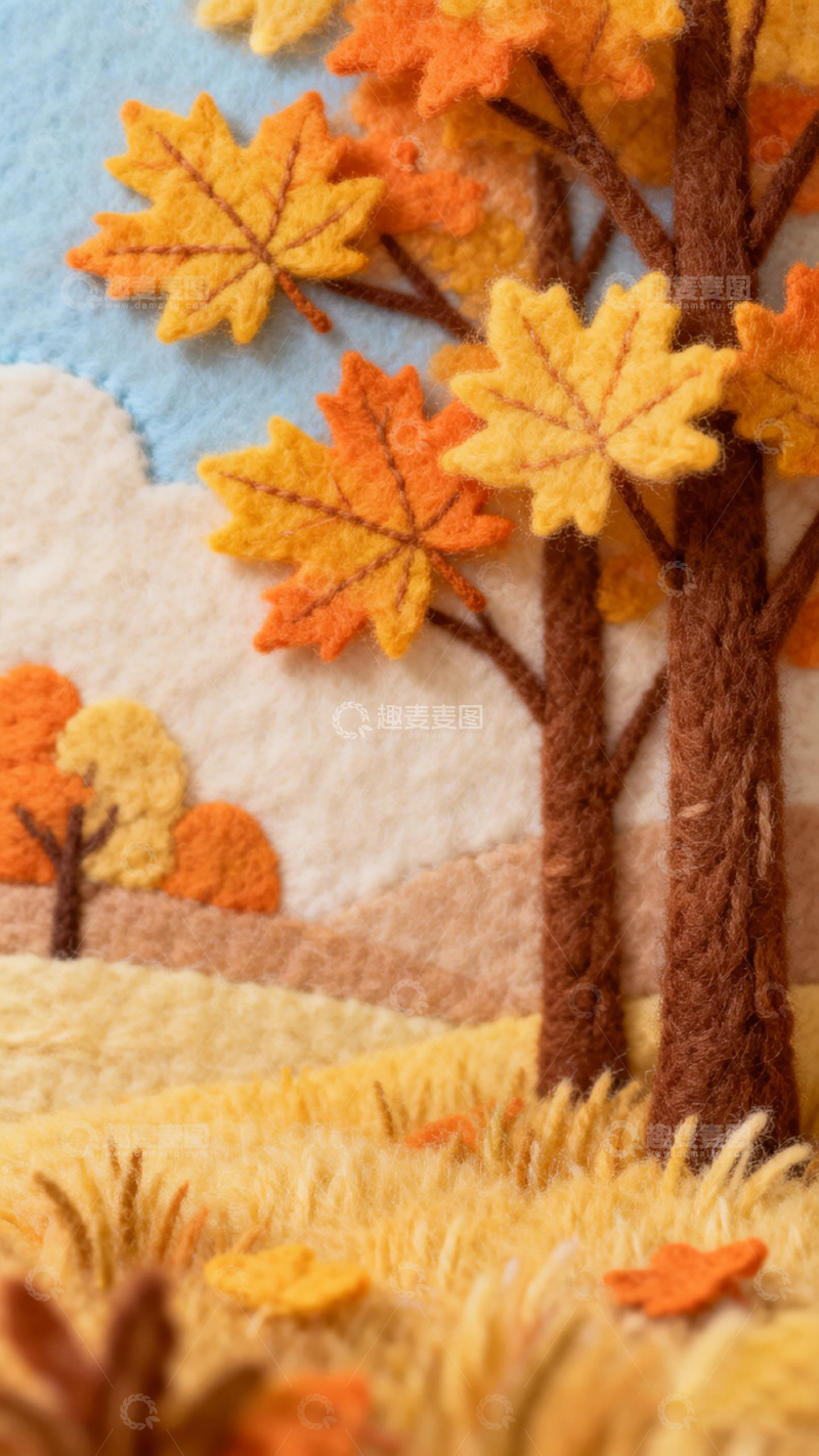高清大图下载【趣麦麦图】手工毛毡秋季树林装饰画