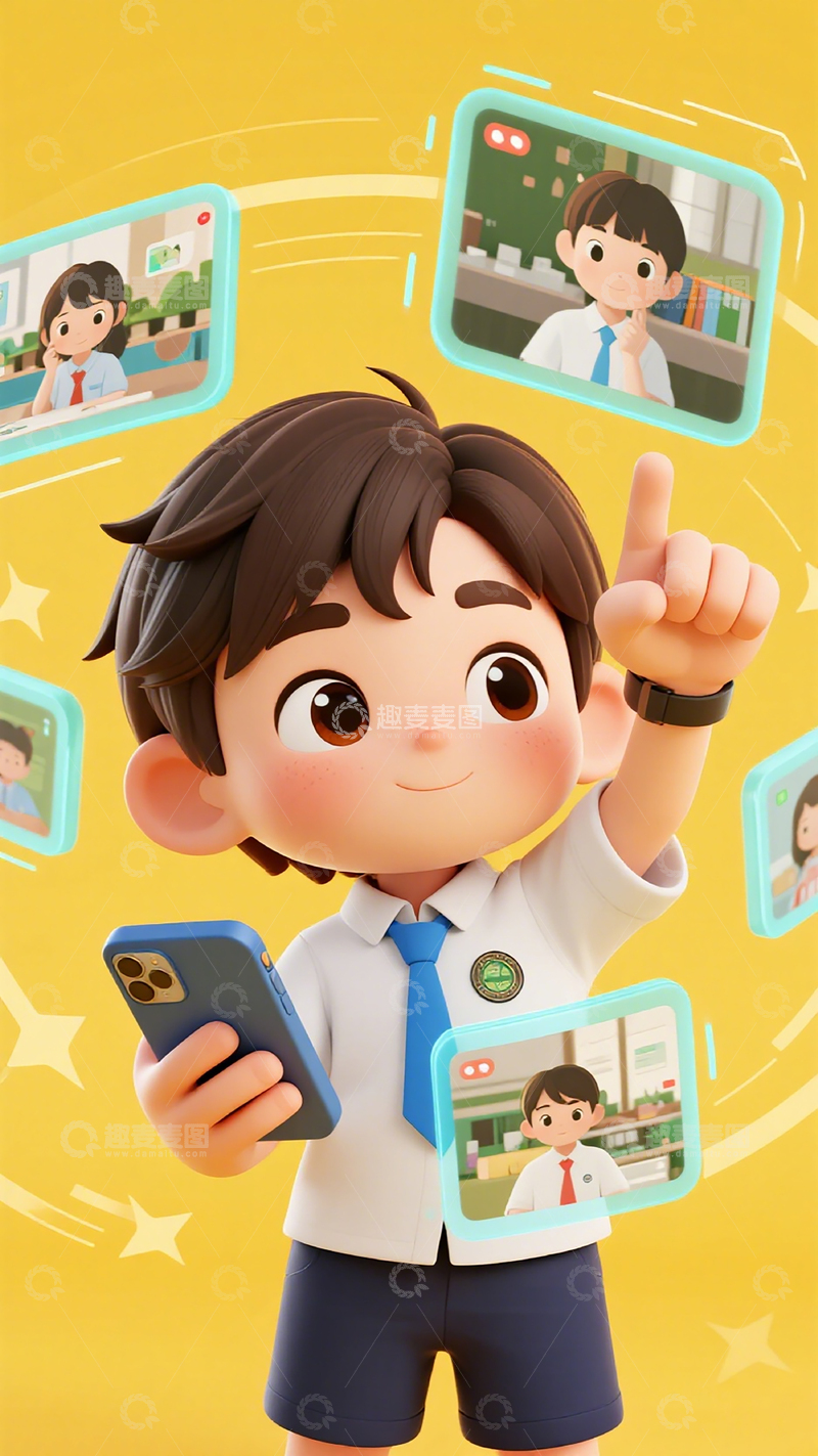 高清大图下载【趣麦麦图】卡通学生用手机交流场景