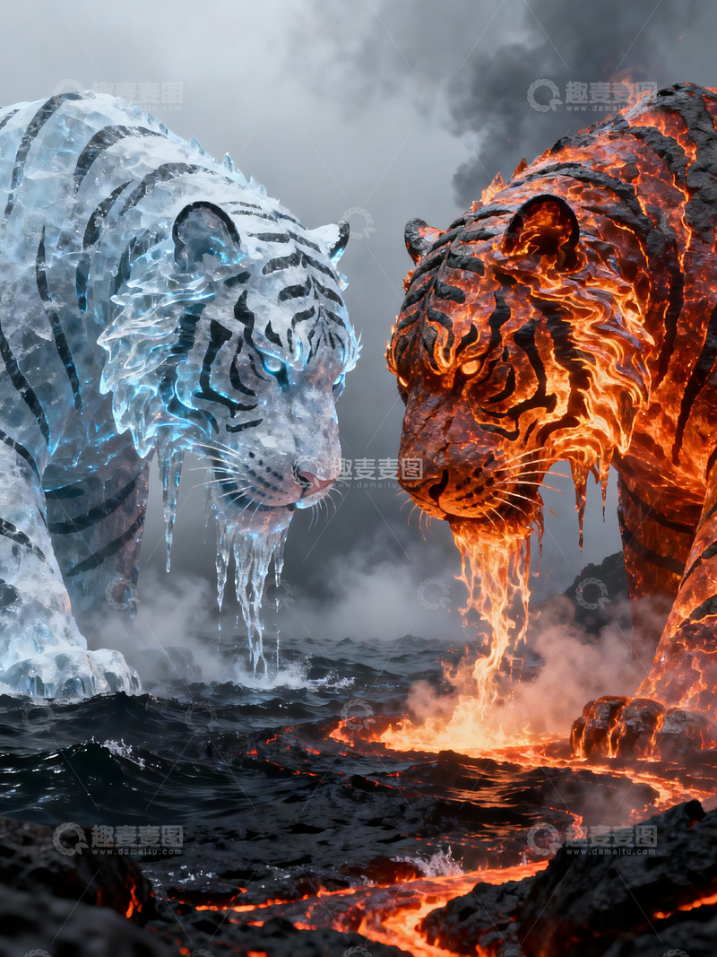 高清大图下载【趣麦麦图】冰火虎兽对立奇幻插画