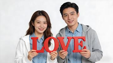 年轻情侣合照love字母爱心情人节