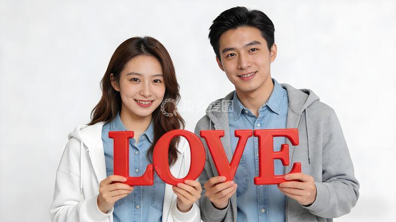 高清大图下载【趣麦麦图】年轻情侣合照love字母爱心情人节