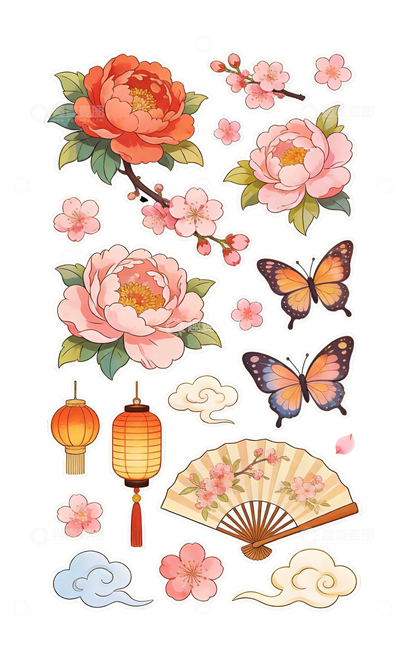 高清大图下载【趣麦麦图】东方风情花卉蝴蝶贴纸设计素材