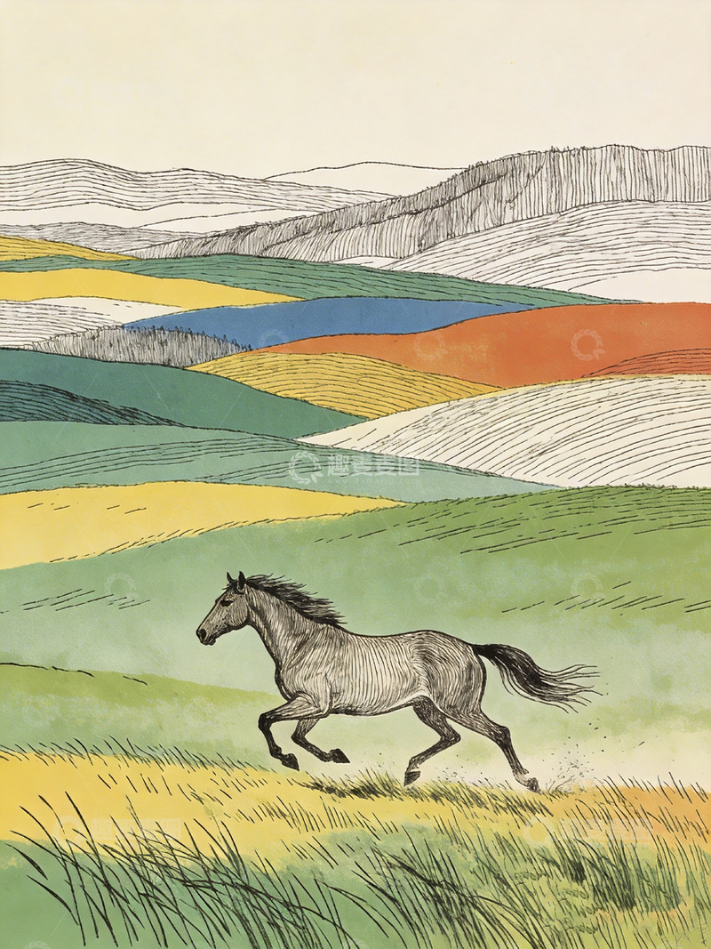 高清大图下载【趣麦麦图】一匹马在草原上奔跑手绘插画3