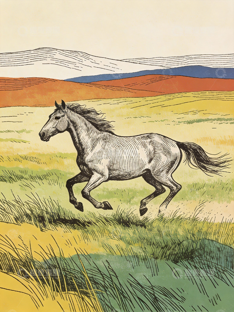 高清大图下载【趣麦麦图】一匹马在草原上奔跑手绘插画