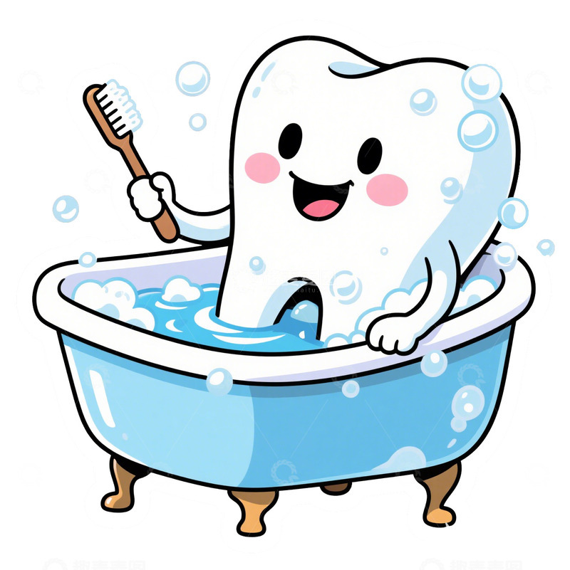 高清大图下载【趣麦麦图】可爱卡通牙齿洗澡插画