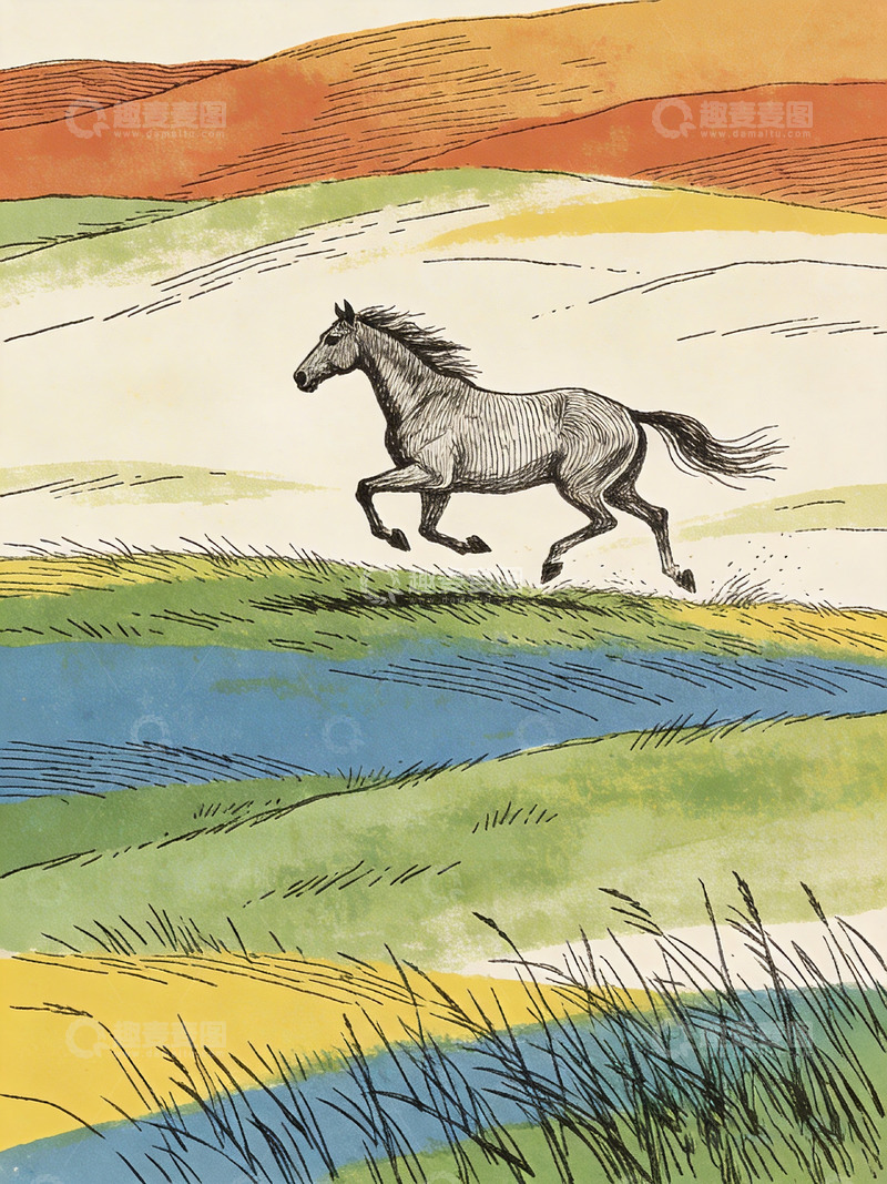 高清大图下载【趣麦麦图】一匹马在草原上奔跑手绘插画2