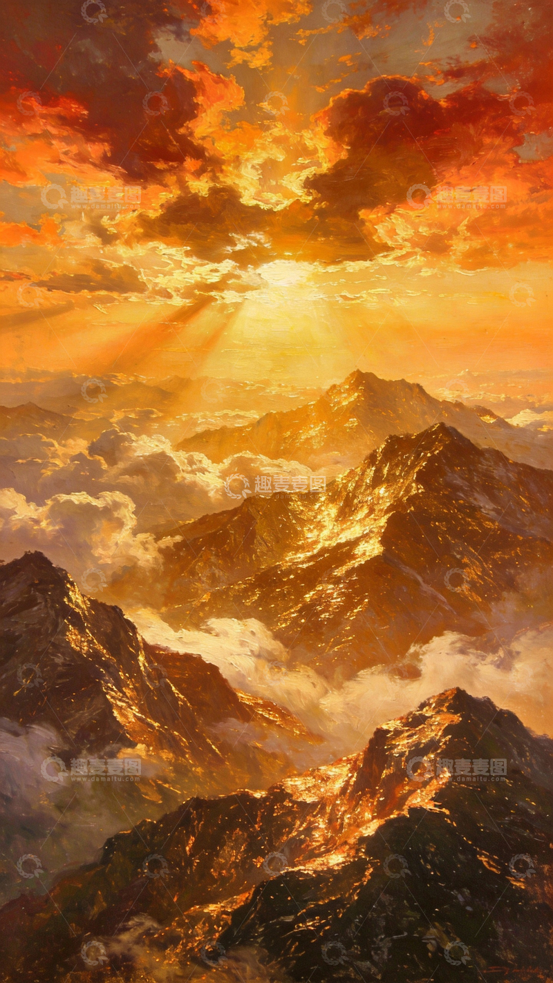 源文件下载【趣麦麦图】油画质感日照金山2