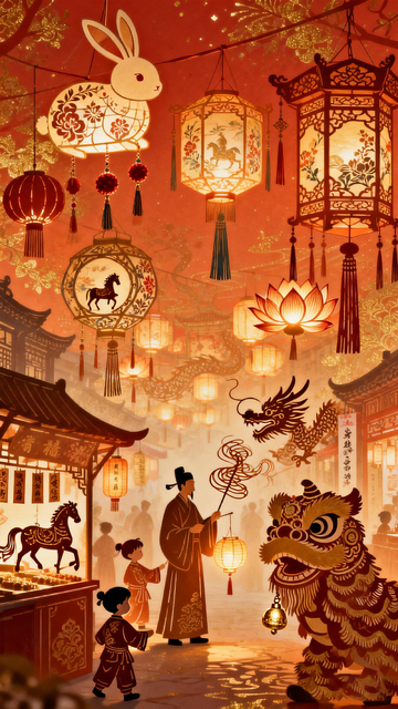 中国传统节日灯笼舞狮插画