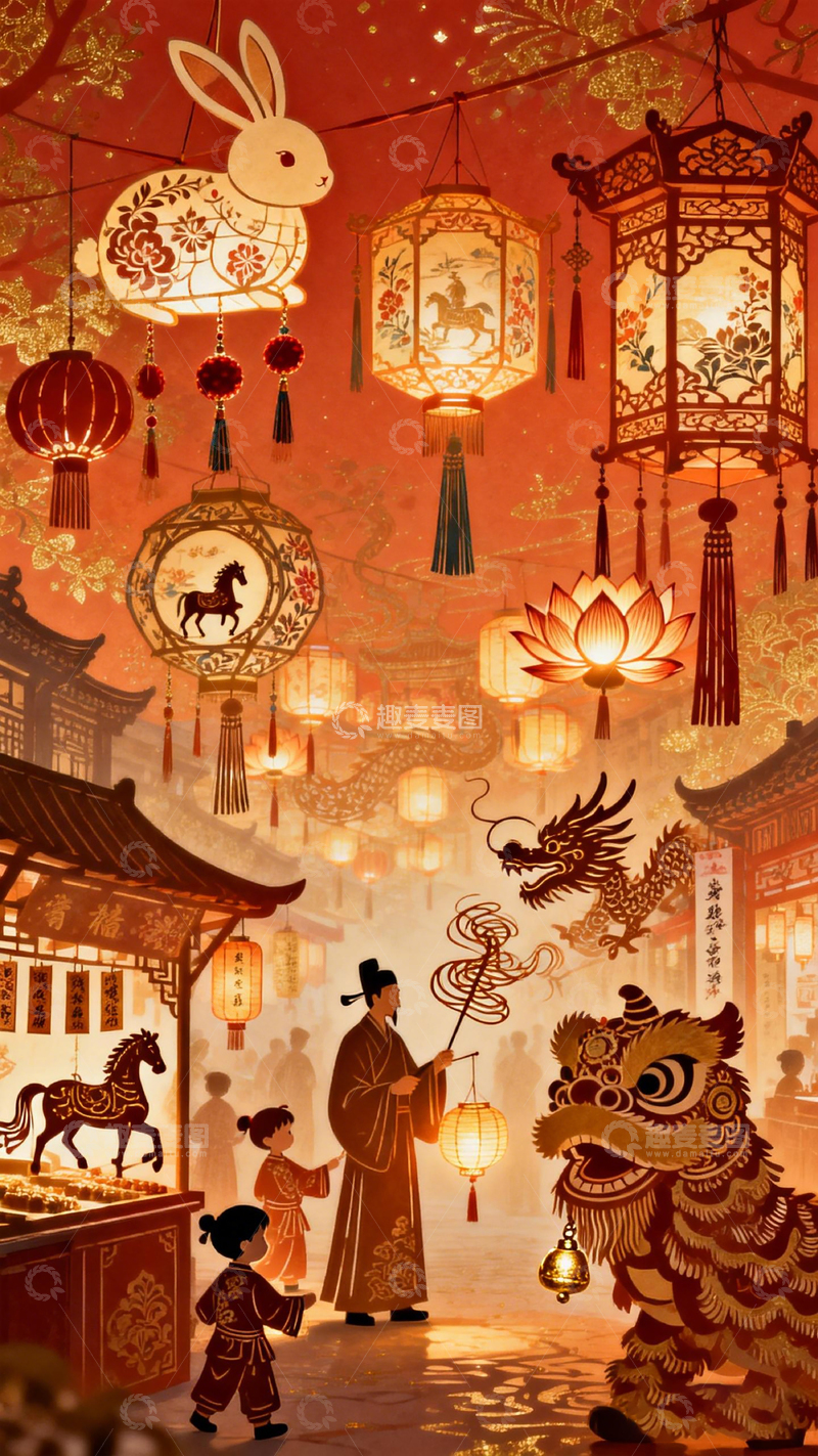 高清大图下载【趣麦麦图】中国传统节日灯笼舞狮插画