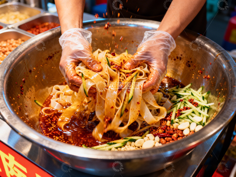 高清大图下载【趣麦麦图】街头美食凉皮制作现场