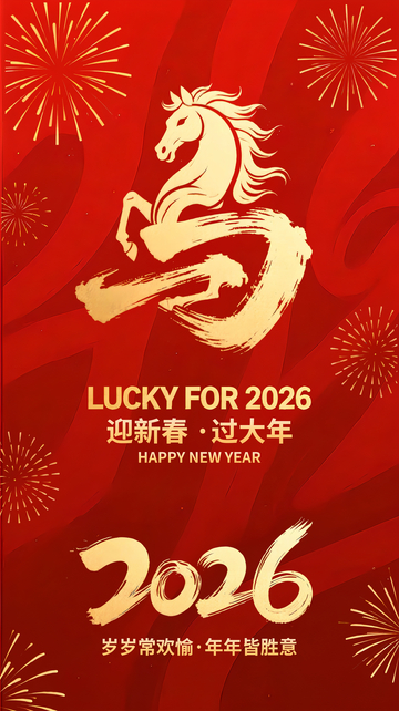 喜庆马年新年贺卡海报红色背景金色字