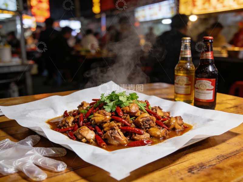 高清大图下载【趣麦麦图】夜市美食辣子鸡啤酒相伴