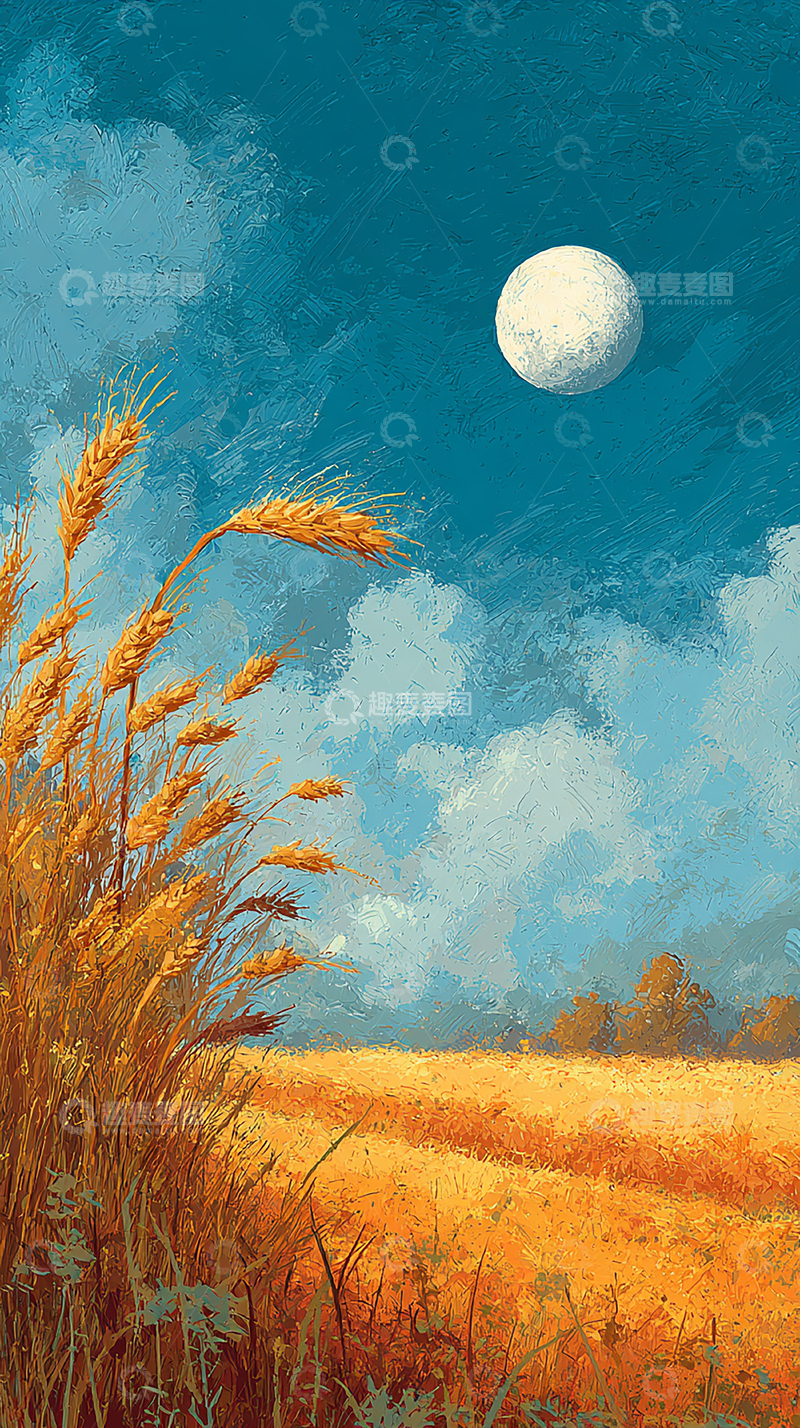 高清大图下载【趣麦麦图】金色麦田与皓月交辉