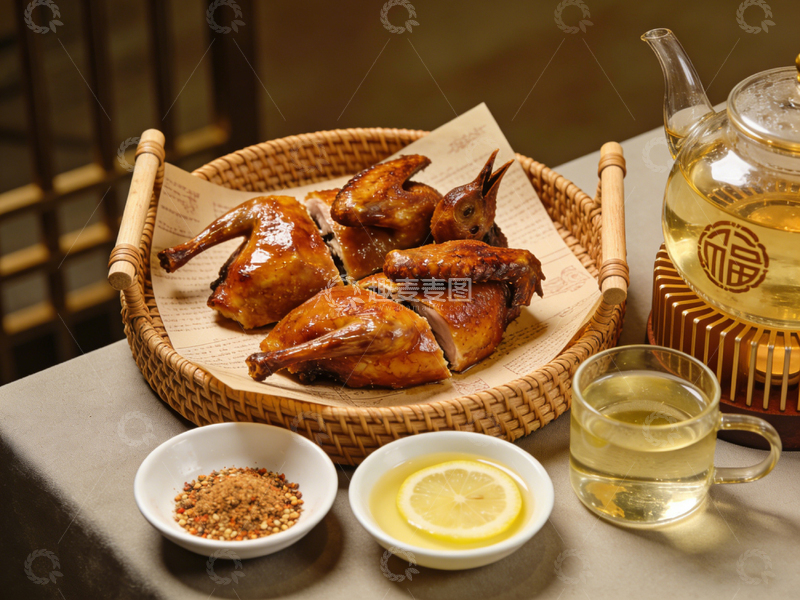 高清大图下载【趣麦麦图】中式美食烤鸡配茶