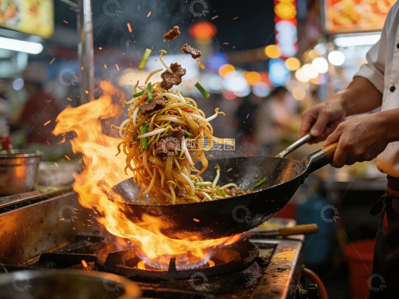 高清大图下载【趣麦麦图】夜市炒面火焰烹饪美食