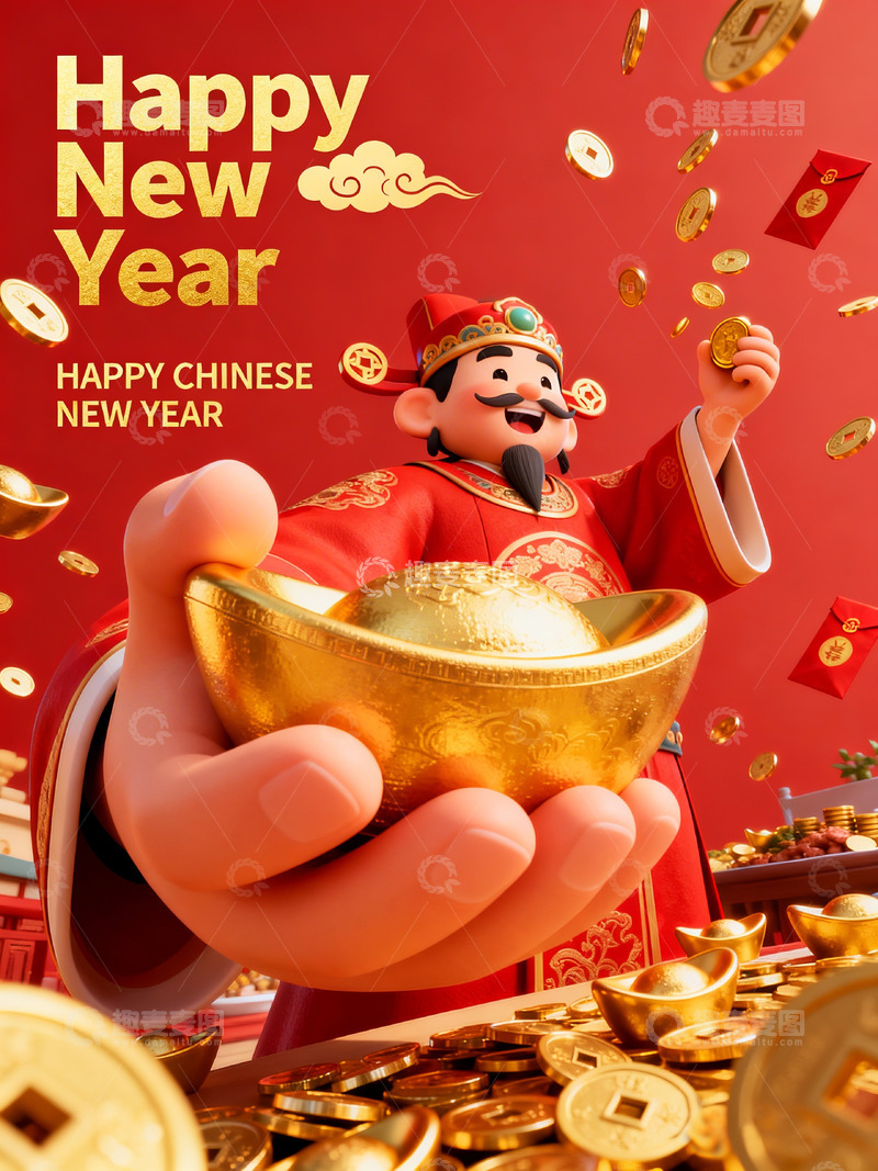 高清大图下载【趣麦麦图】新年春节财神金元宝喜庆海报