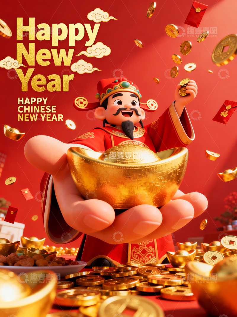 高清大图下载【趣麦麦图】财神迎新春金币飘洒图