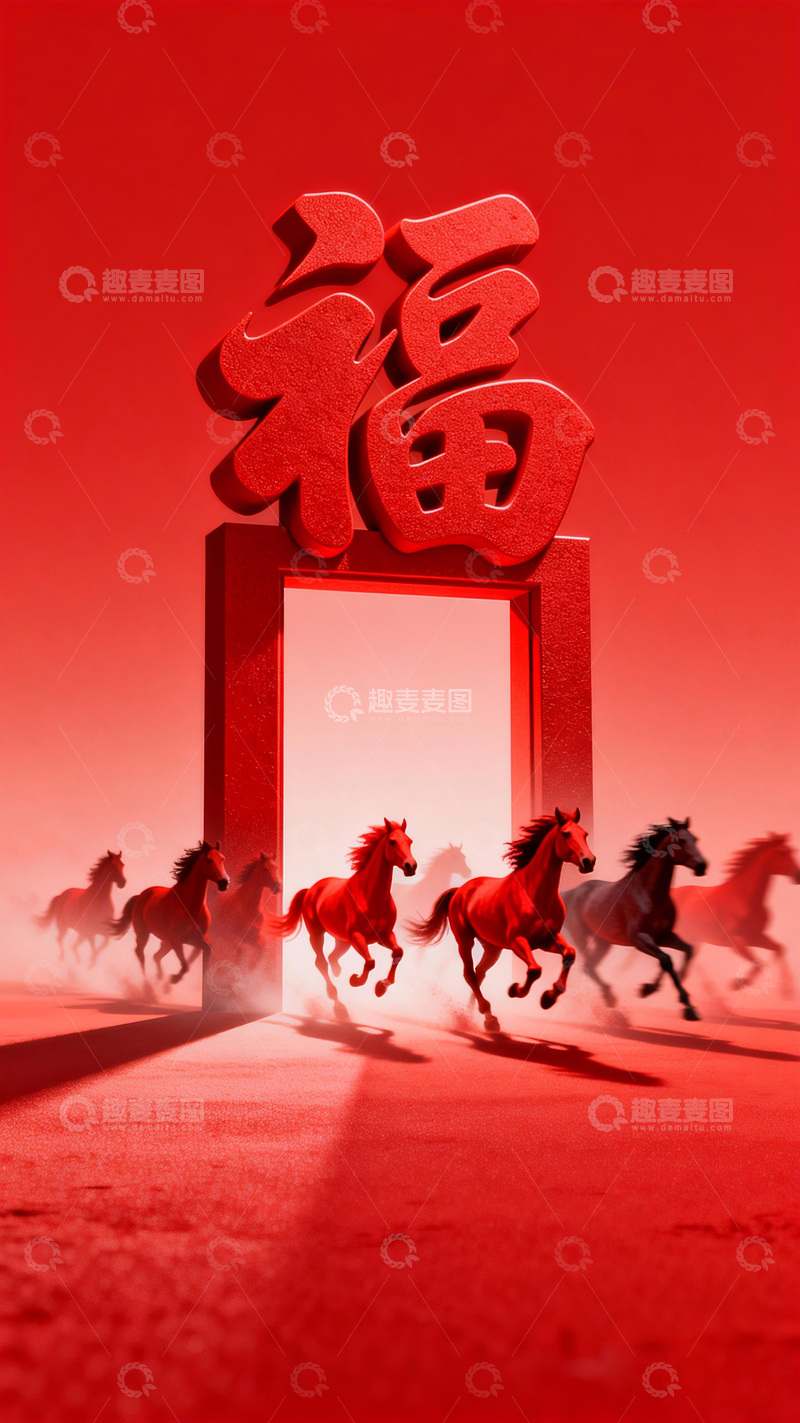 高清大图下载【趣麦麦图】红色福字奔马图