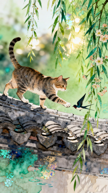 古韵猫咪瓦顶嬉戏图