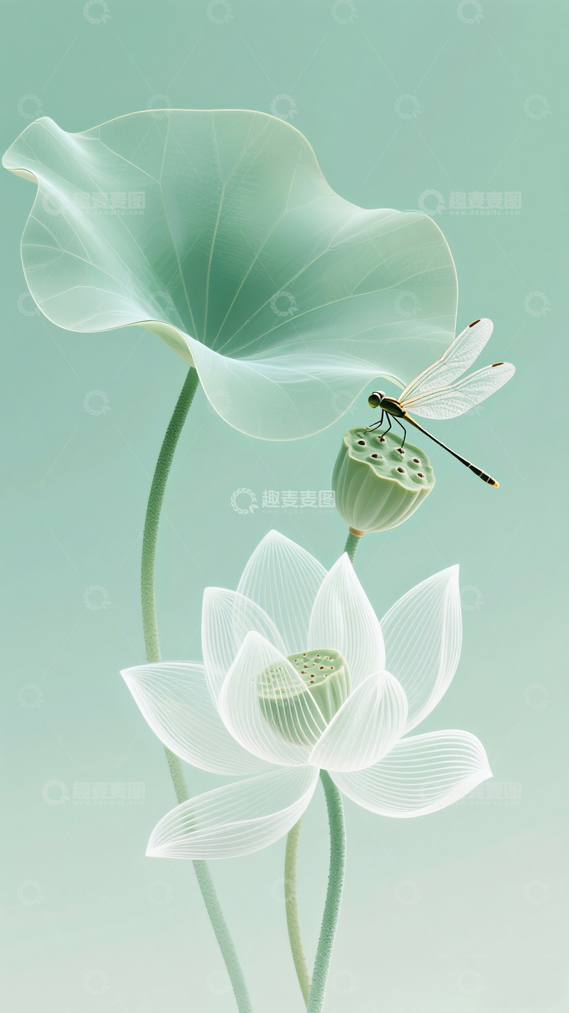 高清大图下载【趣麦麦图】淡雅荷花蜻蜓艺术插画