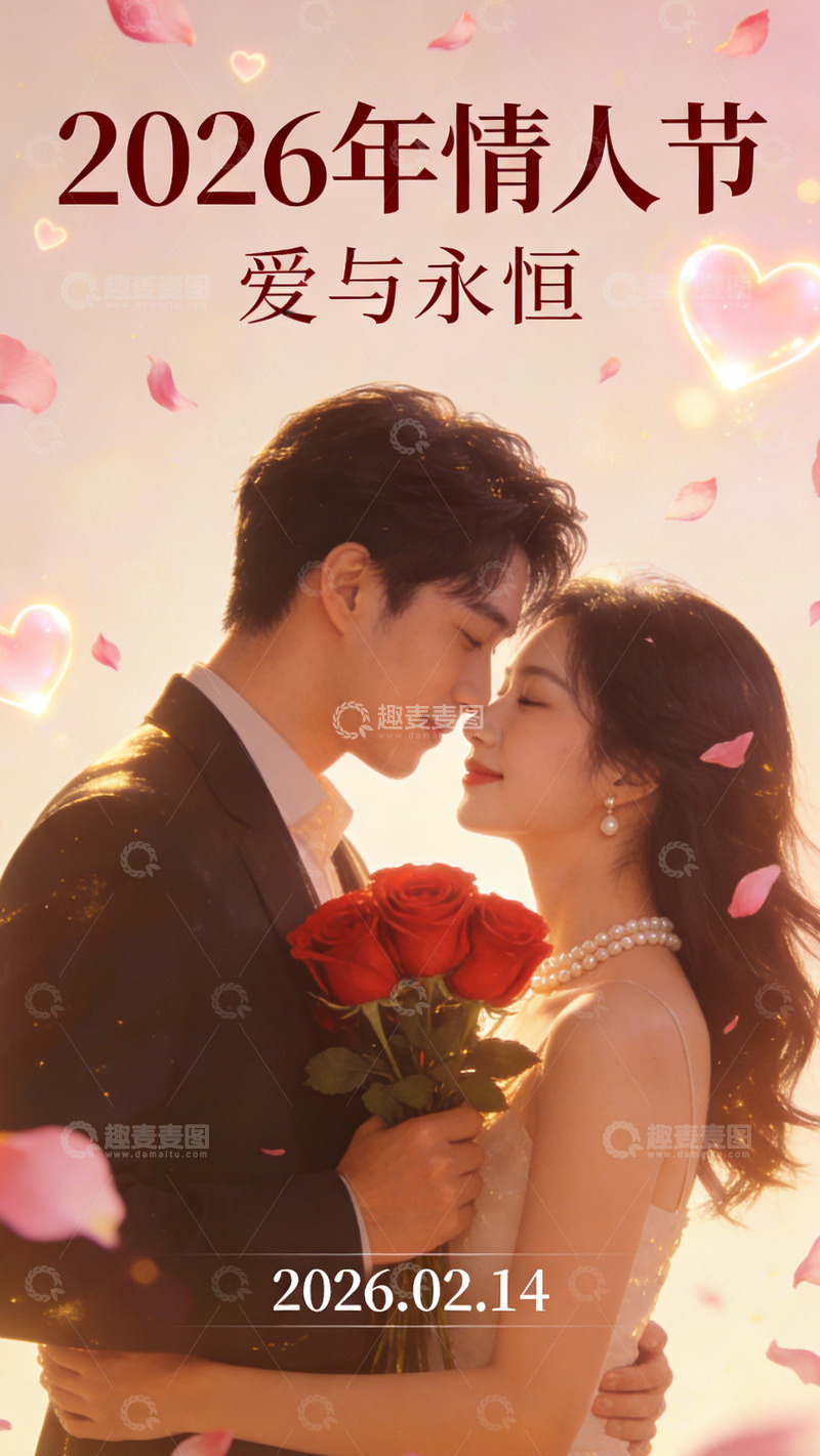 高清大图下载【趣麦麦图】浪漫情人节情侣玫瑰宣传海报