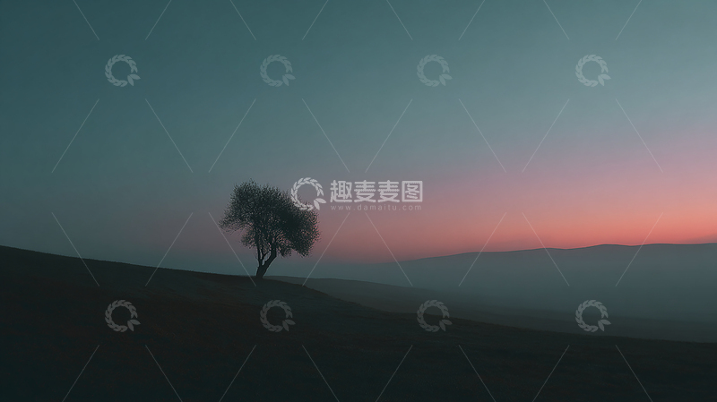 高清大图下载【趣麦麦图】孤树傲立在暮色山坡