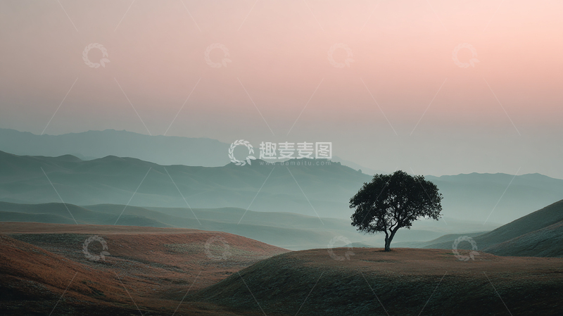 高清大图下载【趣麦麦图】孤独之树映衬山水画卷