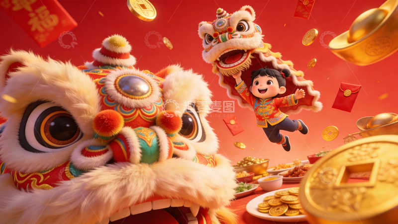 源文件下载【趣麦麦图】3d卡通风格大透视构图新年场景3