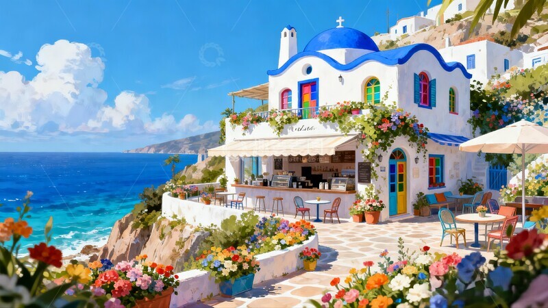 高清大图下载【趣麦麦图】地中海风情海边建筑油画