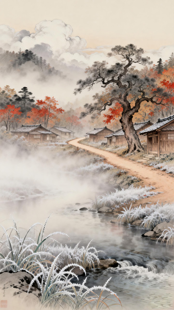 古韵乡村秋景水墨画