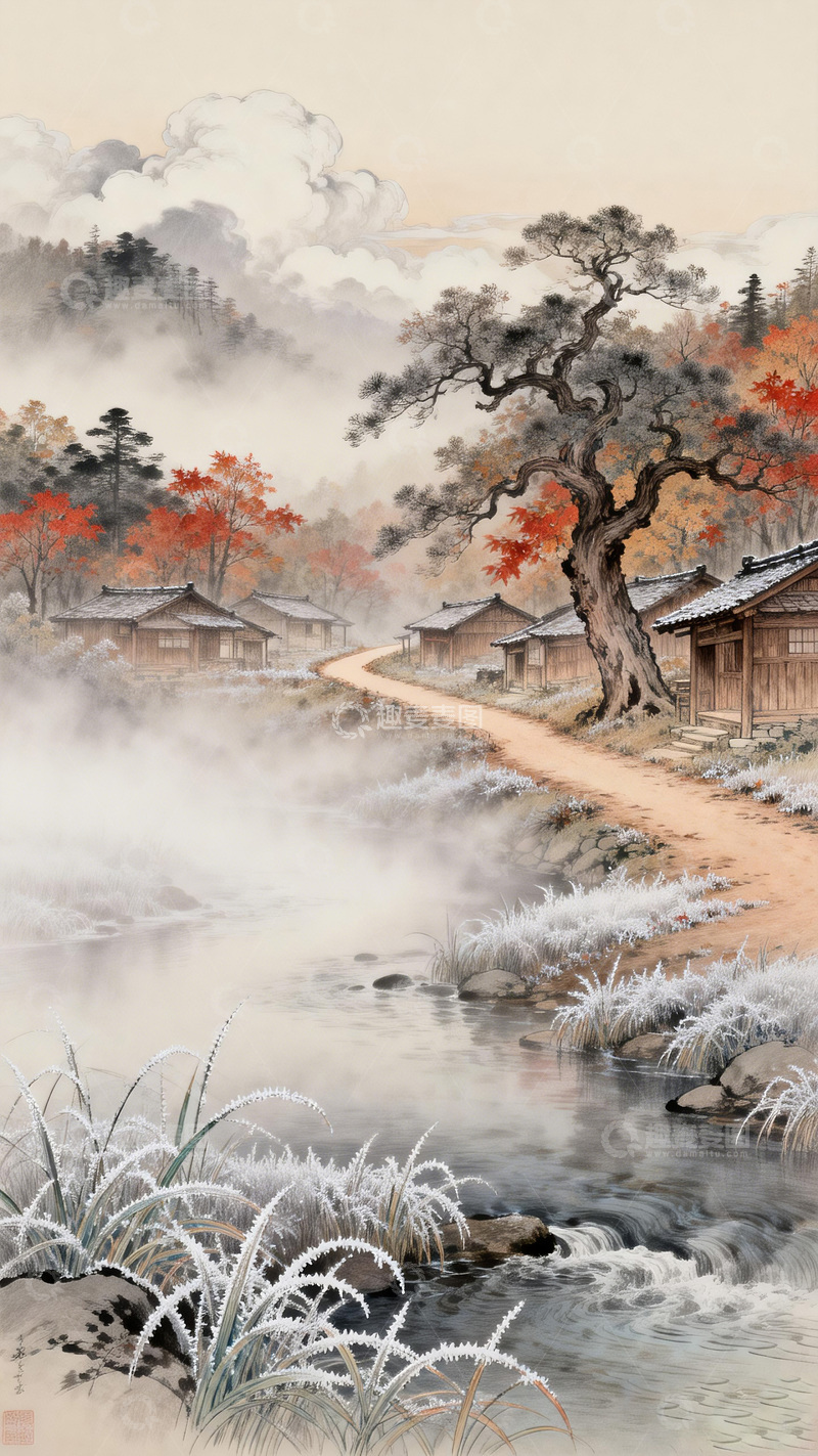 高清大图下载【趣麦麦图】古韵乡村秋景水墨画