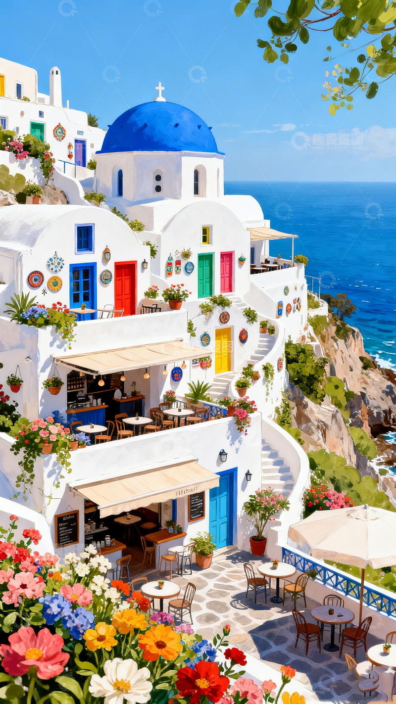 高清大图下载【趣麦麦图】爱琴海风情小镇风光插画