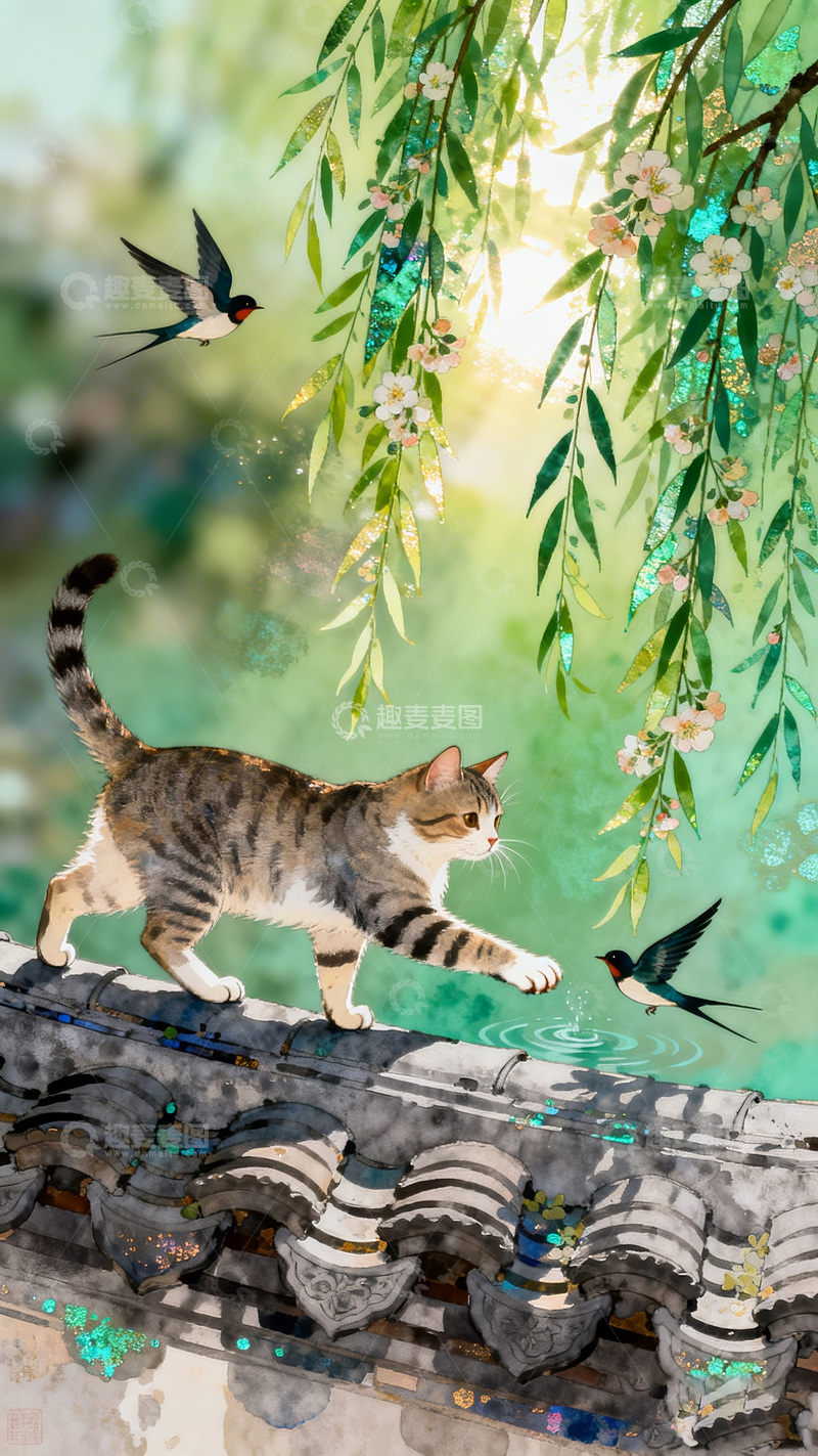高清大图下载【趣麦麦图】春日猫咪与燕子装饰画