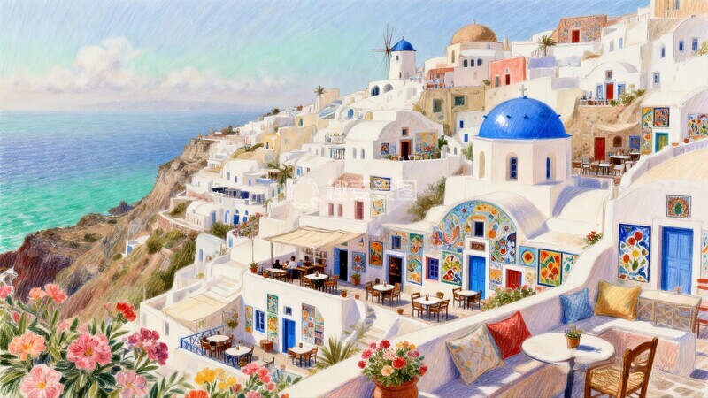 高清大图下载【趣麦麦图】爱琴海风情小镇风光油画