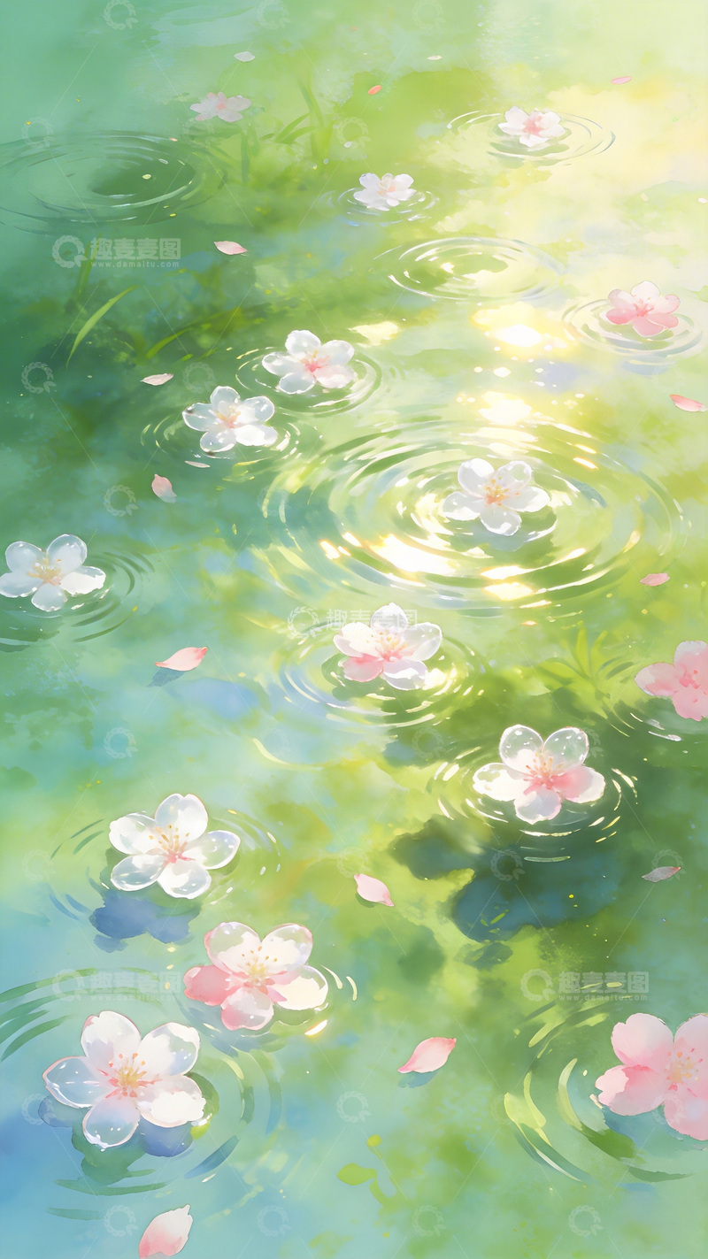 高清大图下载【趣麦麦图】水彩樱花水面梦幻插画