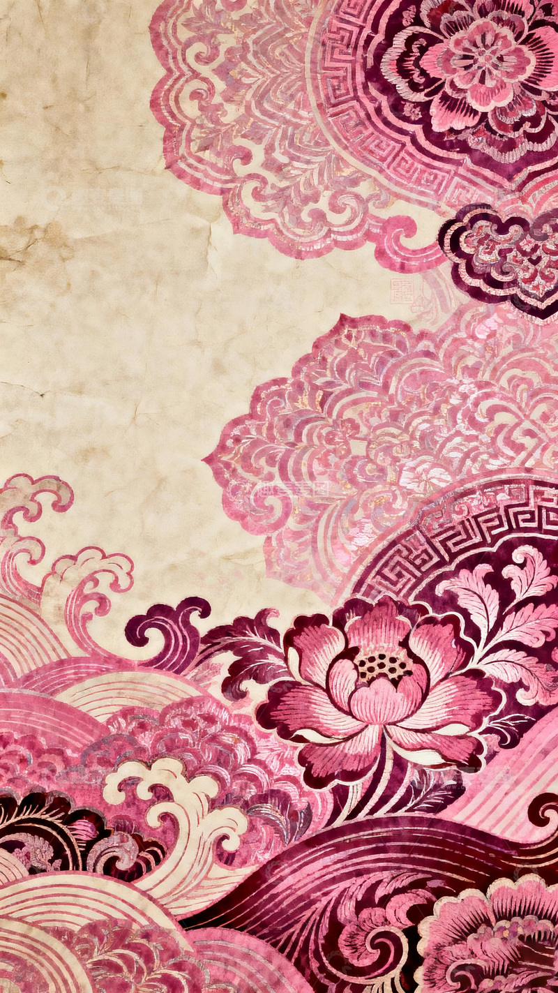高清大图下载【趣麦麦图】传统花卉海浪纹样装饰画