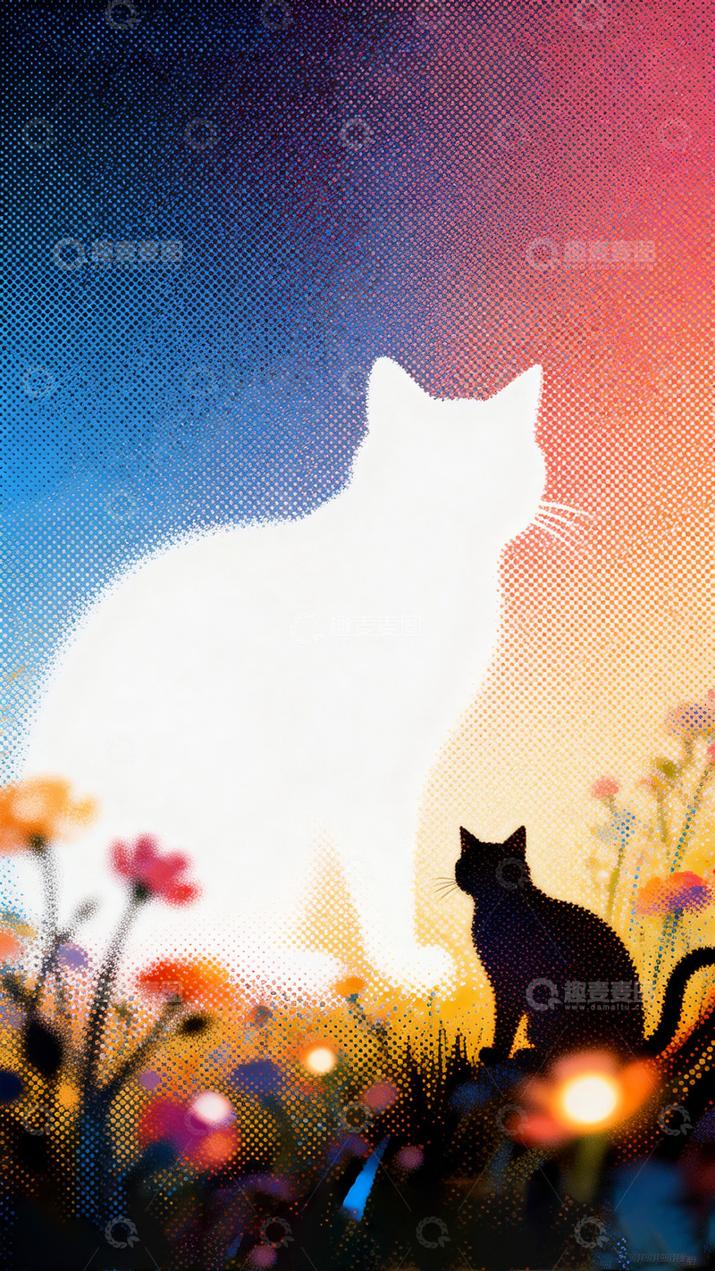高清大图下载【趣麦麦图】点阵风猫影花卉艺术画面