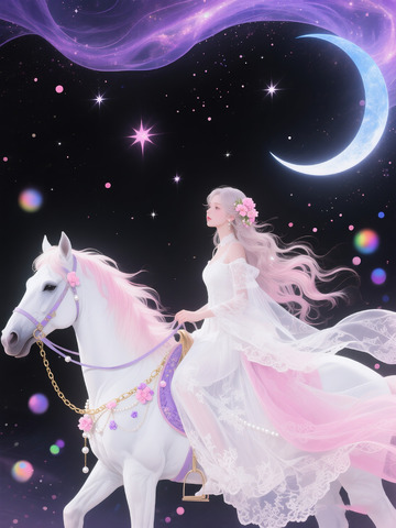 少女骑乘纯白骏马驰骋于星河之中