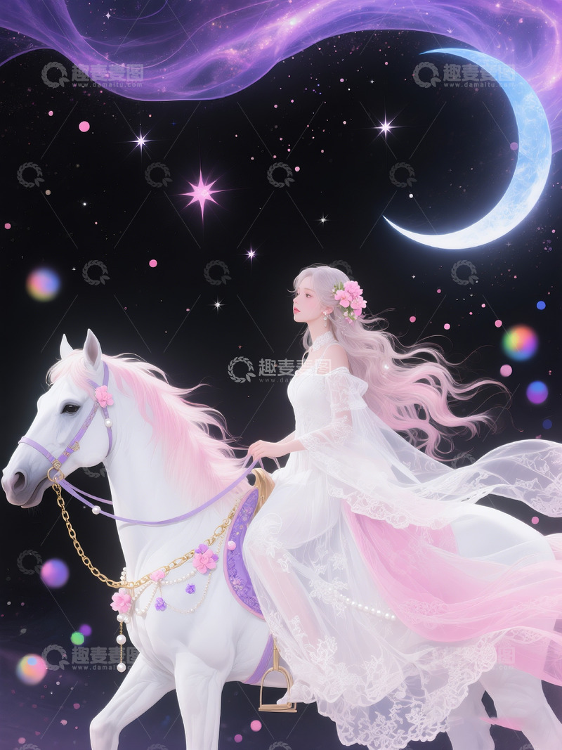 高清大图下载【趣麦麦图】少女骑乘纯白骏马驰骋于星河之中