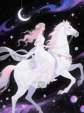 少女骑乘纯白骏马插画