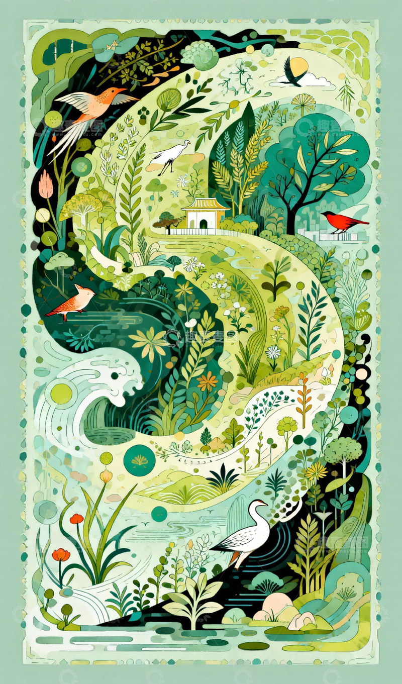 高清大图下载【趣麦麦图】森林鸟类风景插画设计