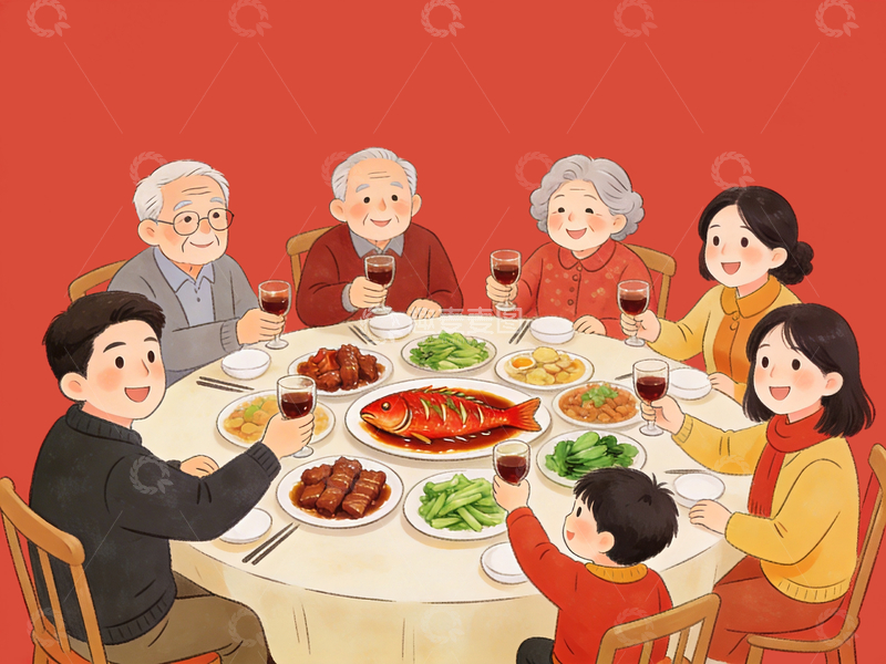 源文件下载【趣麦麦图】插画风格年夜饭场景4