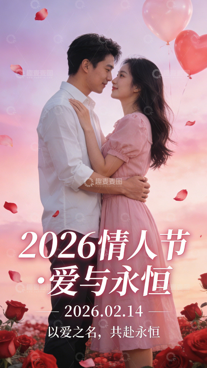 高清大图下载【趣麦麦图】情侣相拥情人节宣传海报