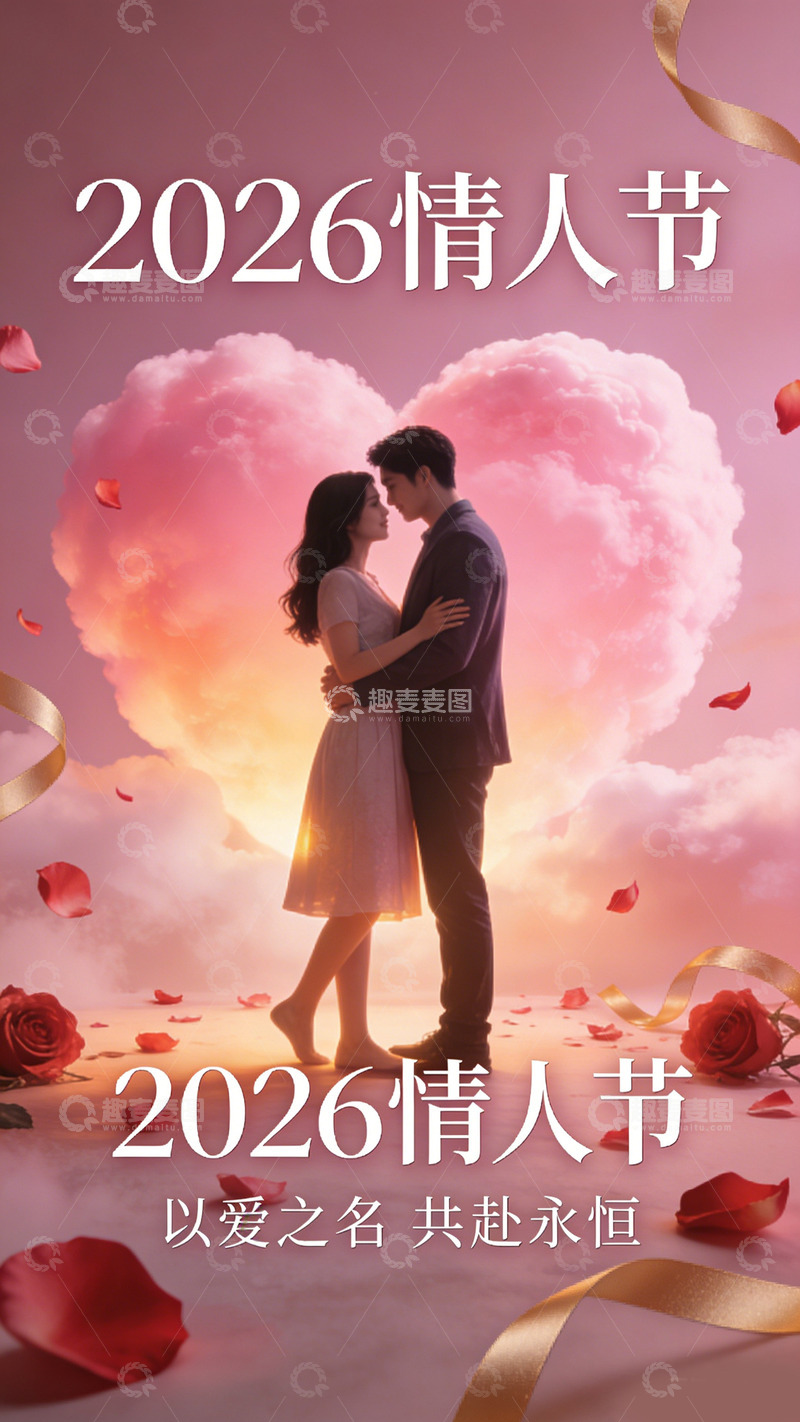 高清大图下载【趣麦麦图】浪漫情人节情侣相拥插画