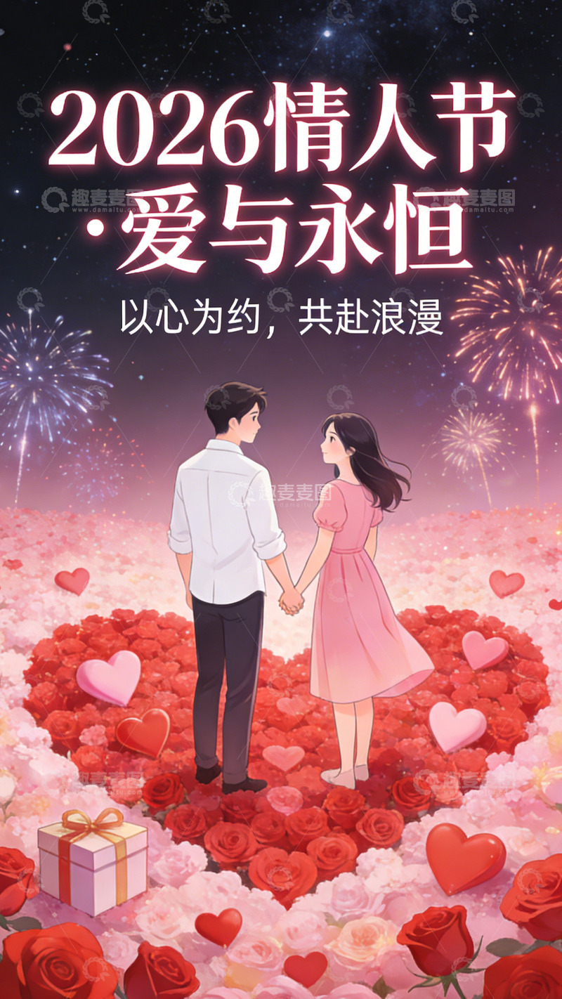 高清大图下载【趣麦麦图】浪漫情人节插画情侣玫瑰烟花